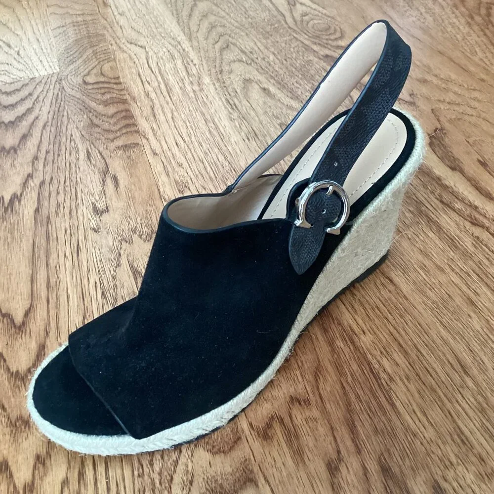 NEW Coach Poppy Espadrille Wedge in Black Suede & Signature Canvas 9 Logo Buckle